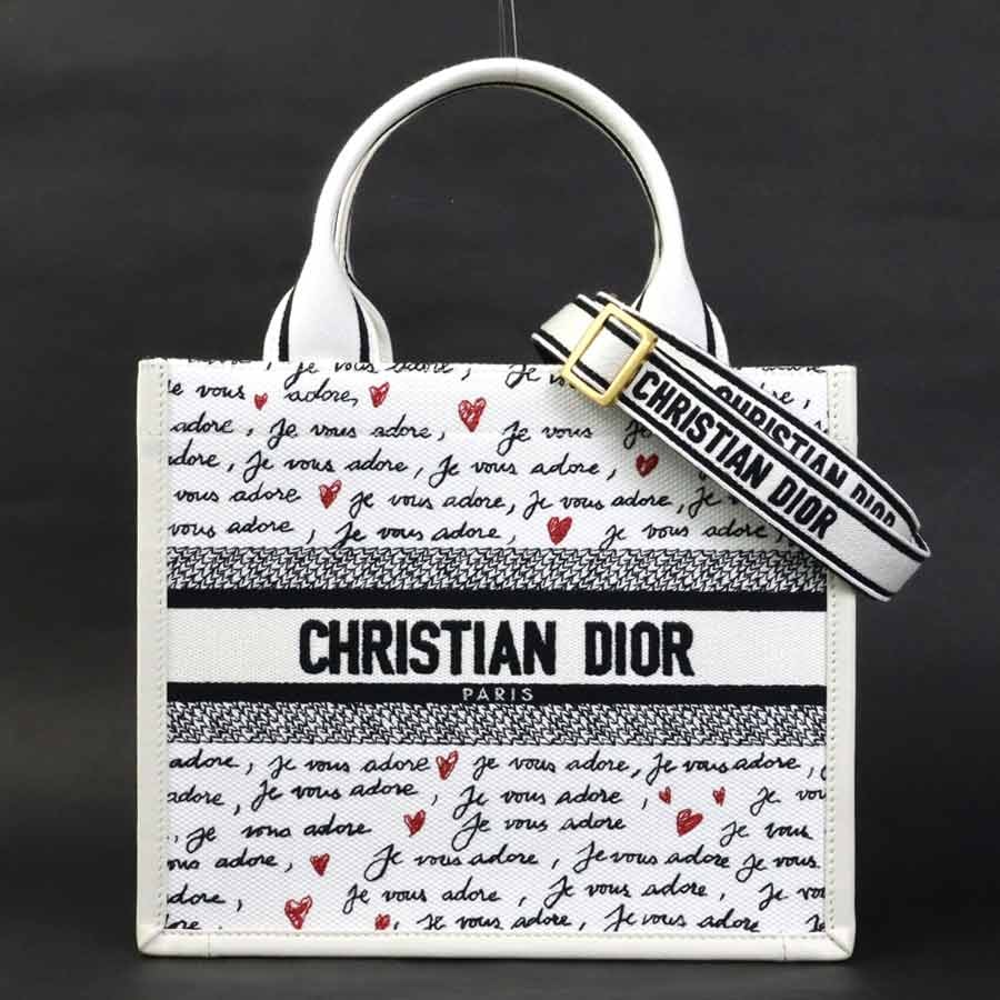 クリスチャンディオール Christian Dior ハンドバッグ ショルダーバッグ アムール ブックトート キャンバス/レザー ホワイト/ブラック/レッド レディース【中古】 90253k