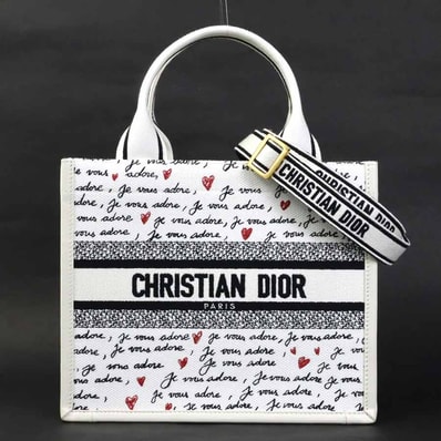 クリスチャンディオール Christian Dior ハンドバッグ ショルダーバッグ アムール ブックトート キャンバス/レザー ホワイト/ブラック/レッド レディース【中古】 90253k