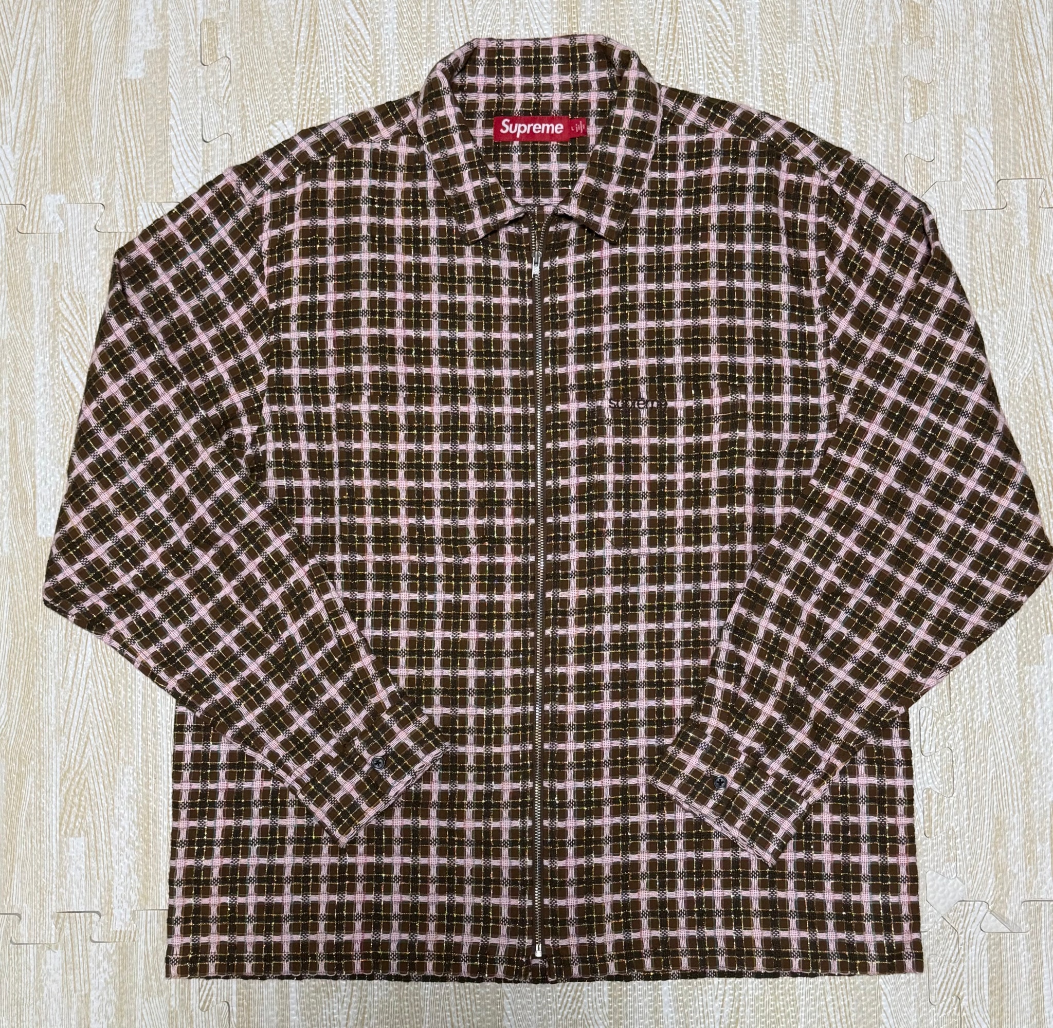 Supreme Metallic Plaid Zip Up Shirt "Brown"