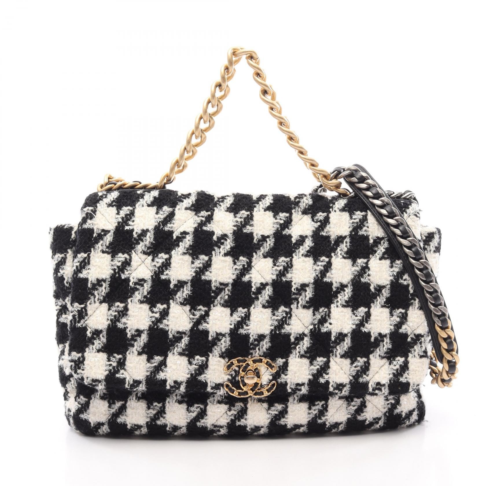 シャネル CHANEL 19 ディズヌフ マキシ コンビ金具 千鳥格子 2WAY ショルダーバッグ バッグ ファブリック レザー レディース ブラック系 / ホワイト系 AS1162 【中古】