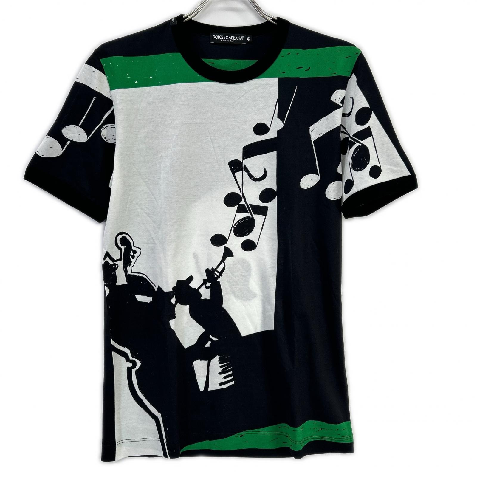 ドルチェアンドガッバーナ ブラック×グリーン×ホワイト 音符デザイン プリントTシャツ 46