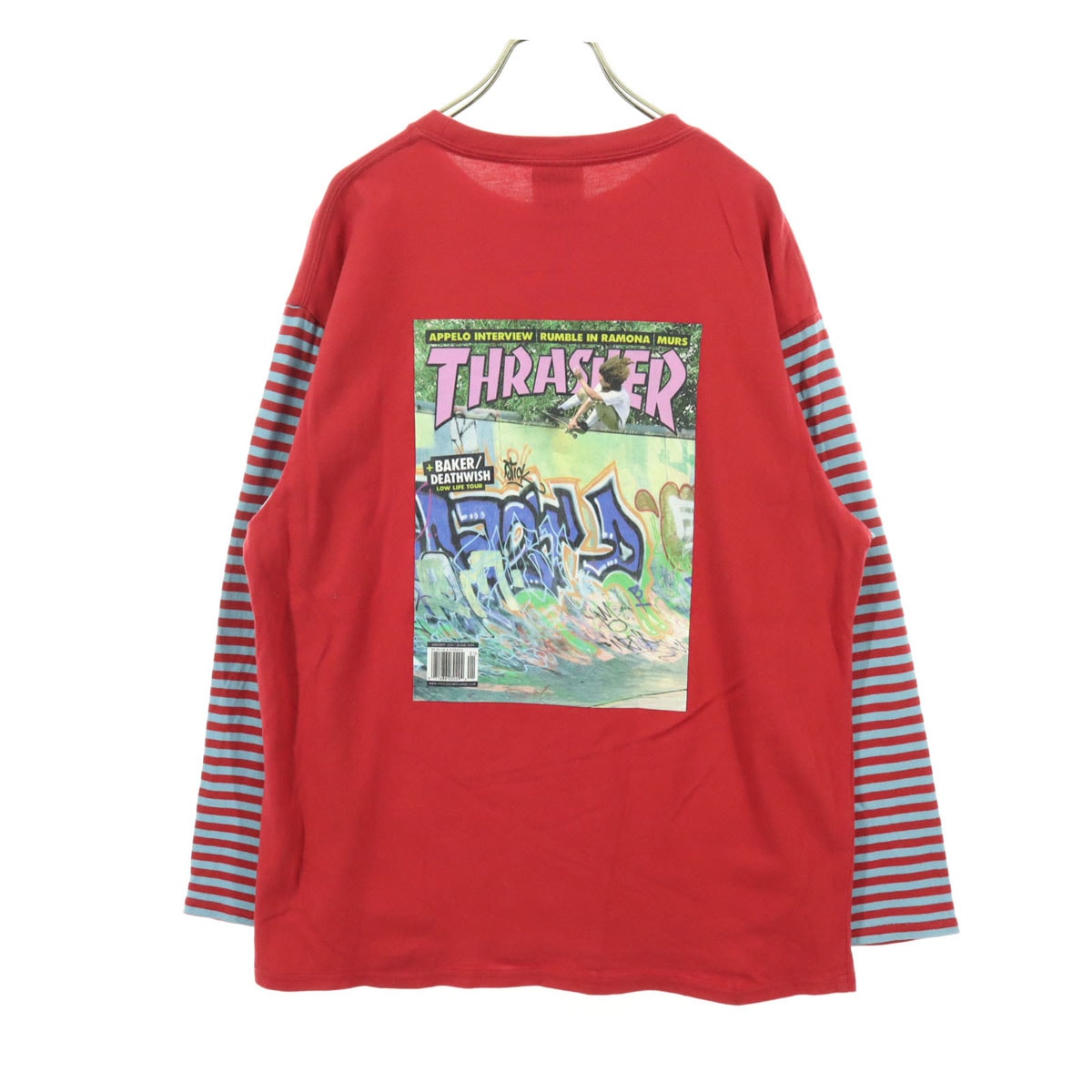 美品 THRASHER スラッシャー バックプリント スケートボード 長袖 Tシャツ FREE レッド ロンT