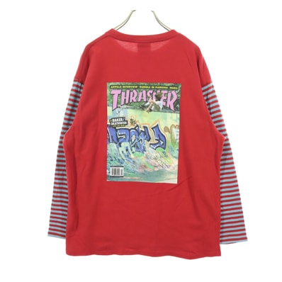 美品 THRASHER スラッシャー バックプリント スケートボード 長袖 Tシャツ FREE レッド ロンT