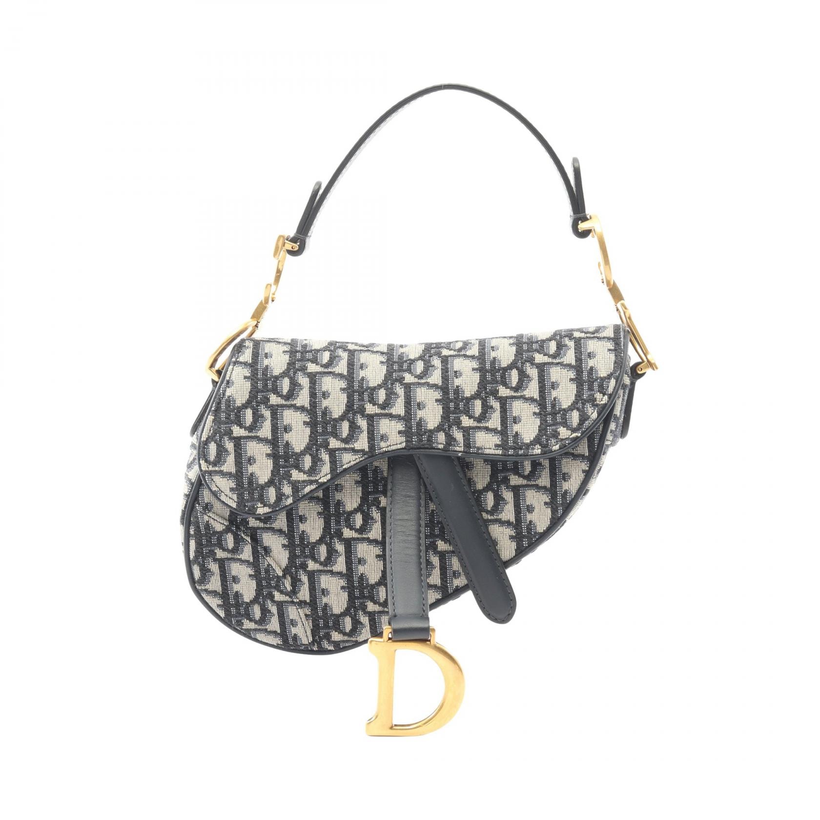 ディオール Dior サドルバッグ ミニ オブリークジャカード ハンドバッグ バッグ キャンバス レザー レディース アイボリー系 / ネイビー系 【中古】
