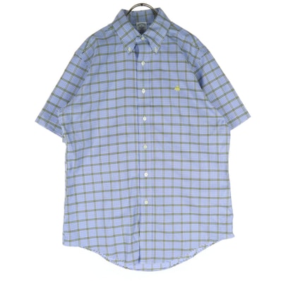 美品 Brooks Brothers ブルックスブラザーズ チェック柄 半袖 ボタンダウン コットンシャツ M ライトブルー ノンアイロン