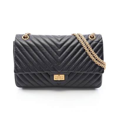 シャネル CHANEL 2.55 シェブロン Vステッチ Wフラップ ショルダーバッグ バッグ レザー レディース ブラック系 【中古】