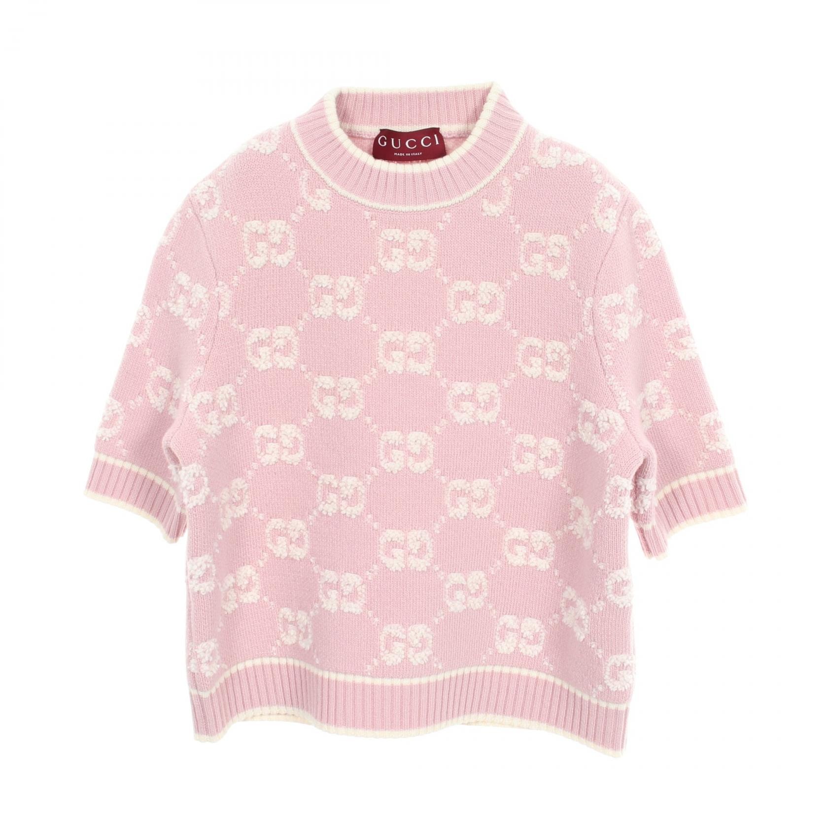 グッチ GUCCI GGブークレウールジャカード 半袖 ニット 衣料品 トップス ウール レディース ピンク系 / ホワイト系 【中古】