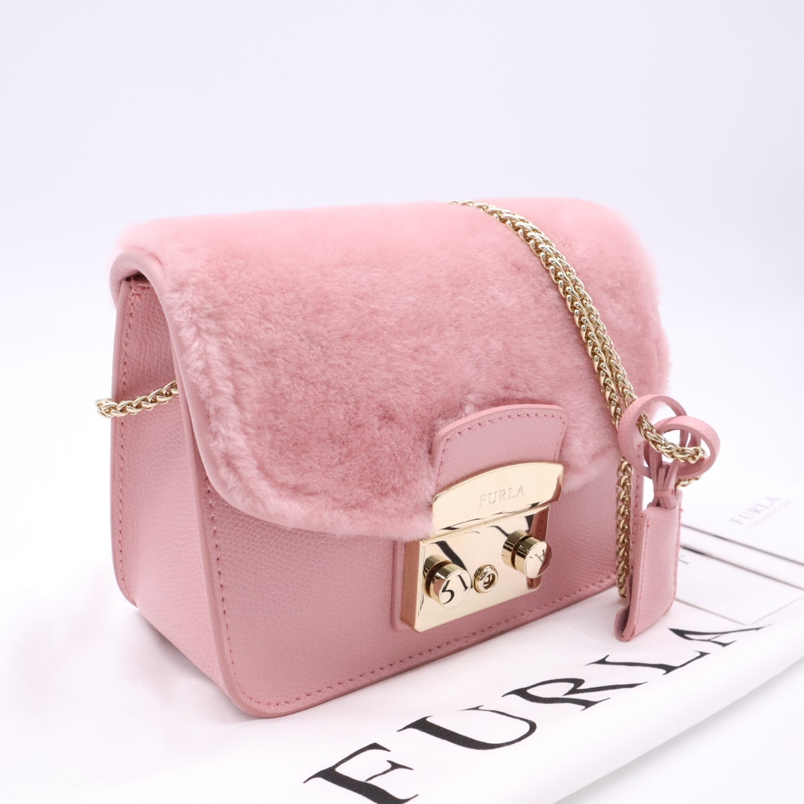 美品 Furla フルラ ボア メトロポリス ミニ ショルダーバッグ 210352 ショルダーバッグ ピンク レザー フェイクファー レディース