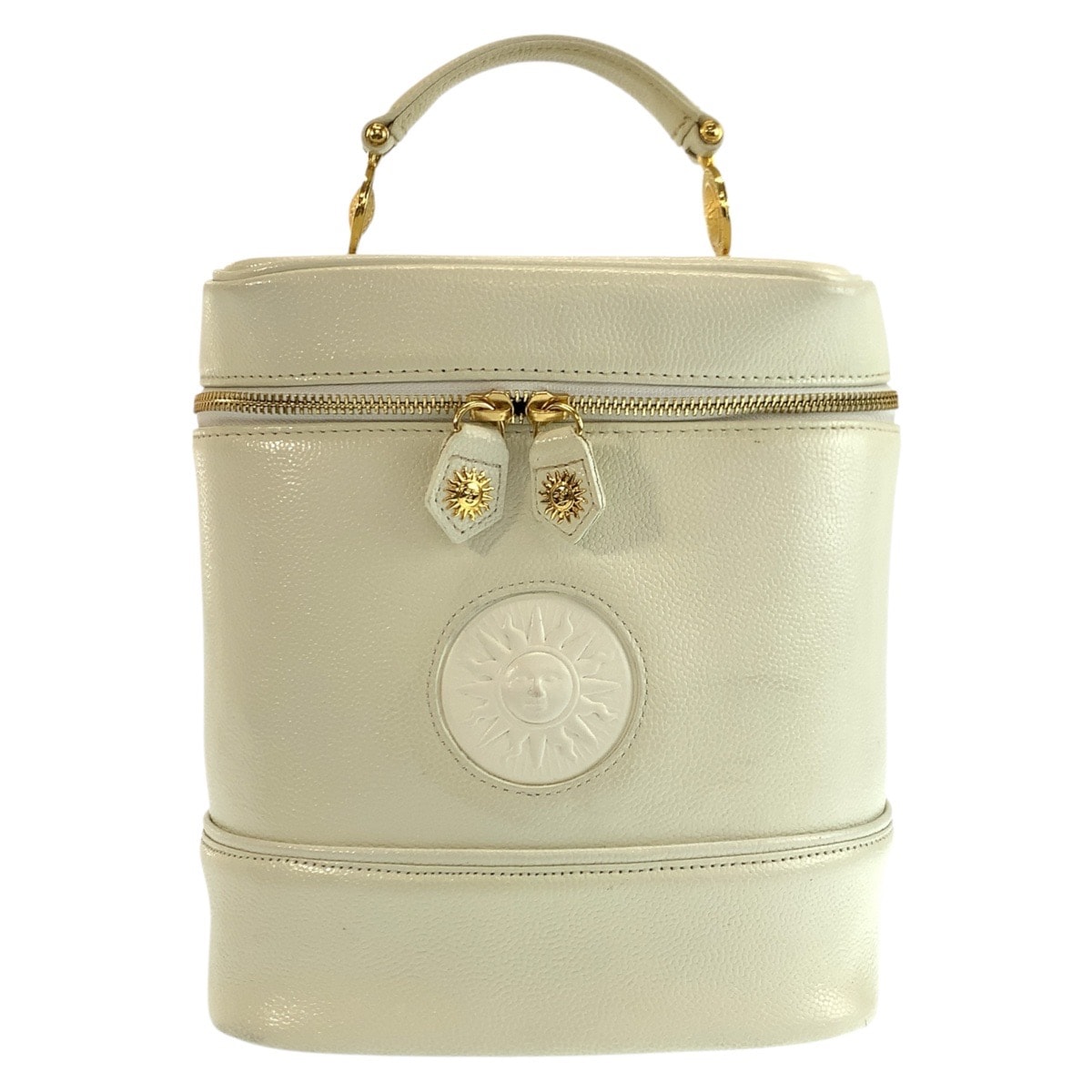 美品 VERSACE ヴェルサーチ ヴィンテージ サンバースト ホワイト アイボリー ゴールド金具 レザー ハンドバッグ バニティバッグ 602788 【中古】