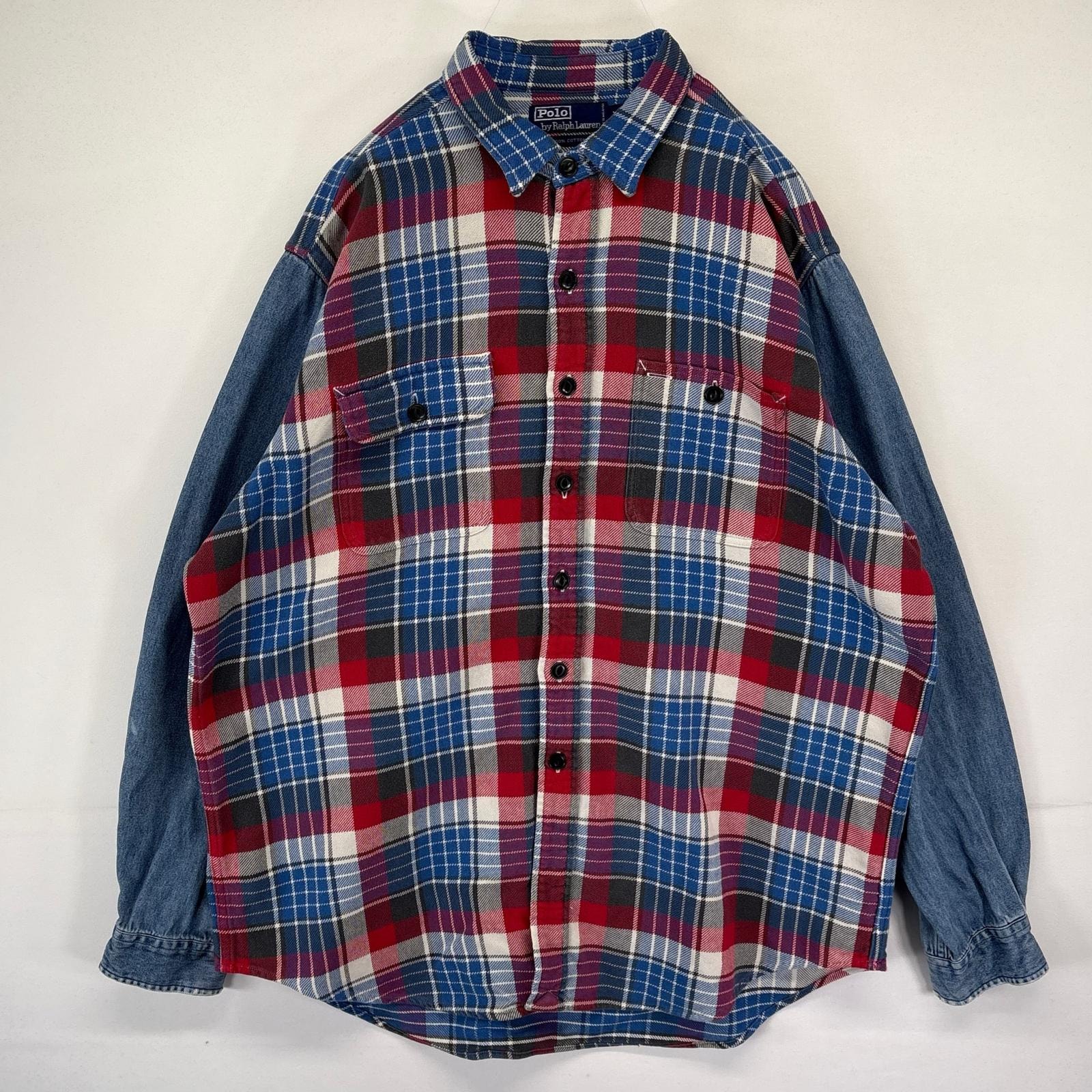 古着 ポロバイラルフローレン Polo by Ralph Lauren 長袖シャツ デニム ヘビーネルシャツ 切り替え チェック XL  ブルー系 メンズ