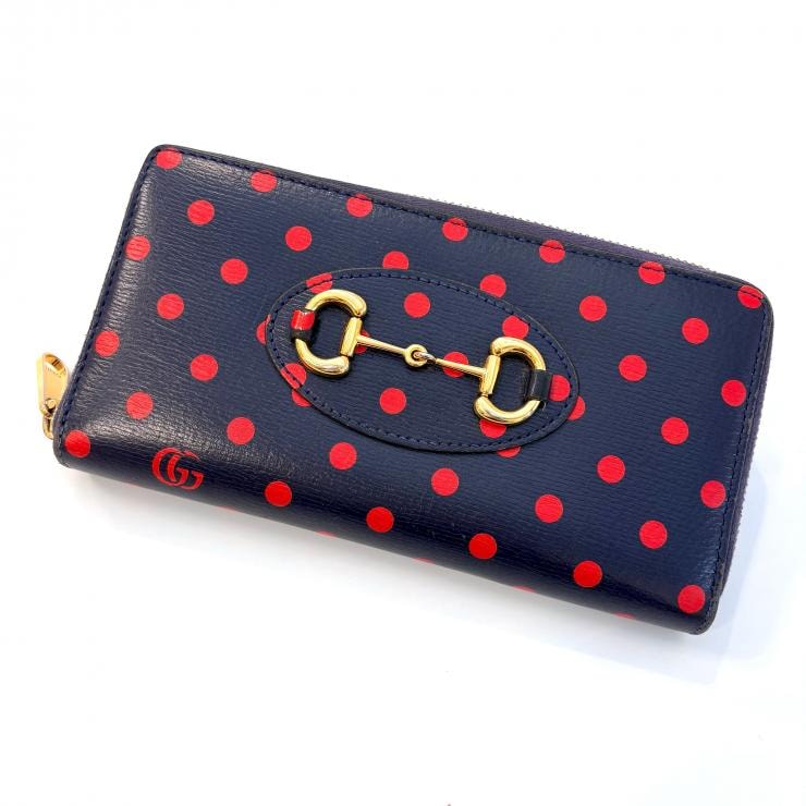 グッチ GUCCI ポルカドット ホースビット ラウンドジップ 長財布 624889 ネイビー【鑑定済み】正規品