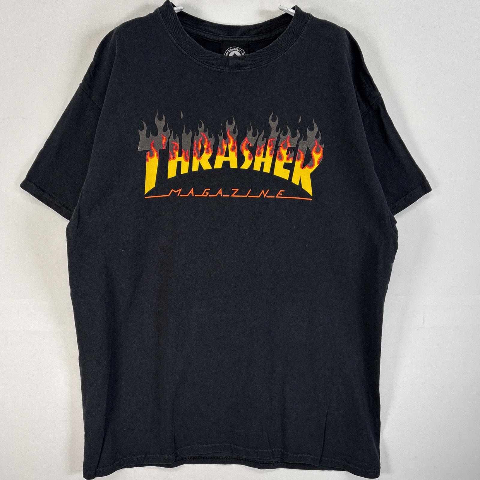 古着 スラッシャー THRASHER 半袖Tシャツ ラバープリント ロゴ ファイヤーデザイン スケボー L ブラック メンズ
