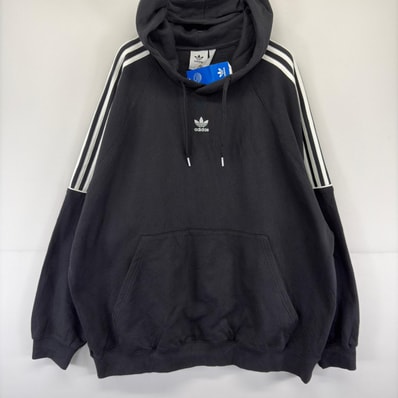 古着 デッドストック アディダス adidas パーカー トレフォイルロゴ 刺繍 大きいサイズ センターロゴ ワンポイント 2XL ブラック メンズ