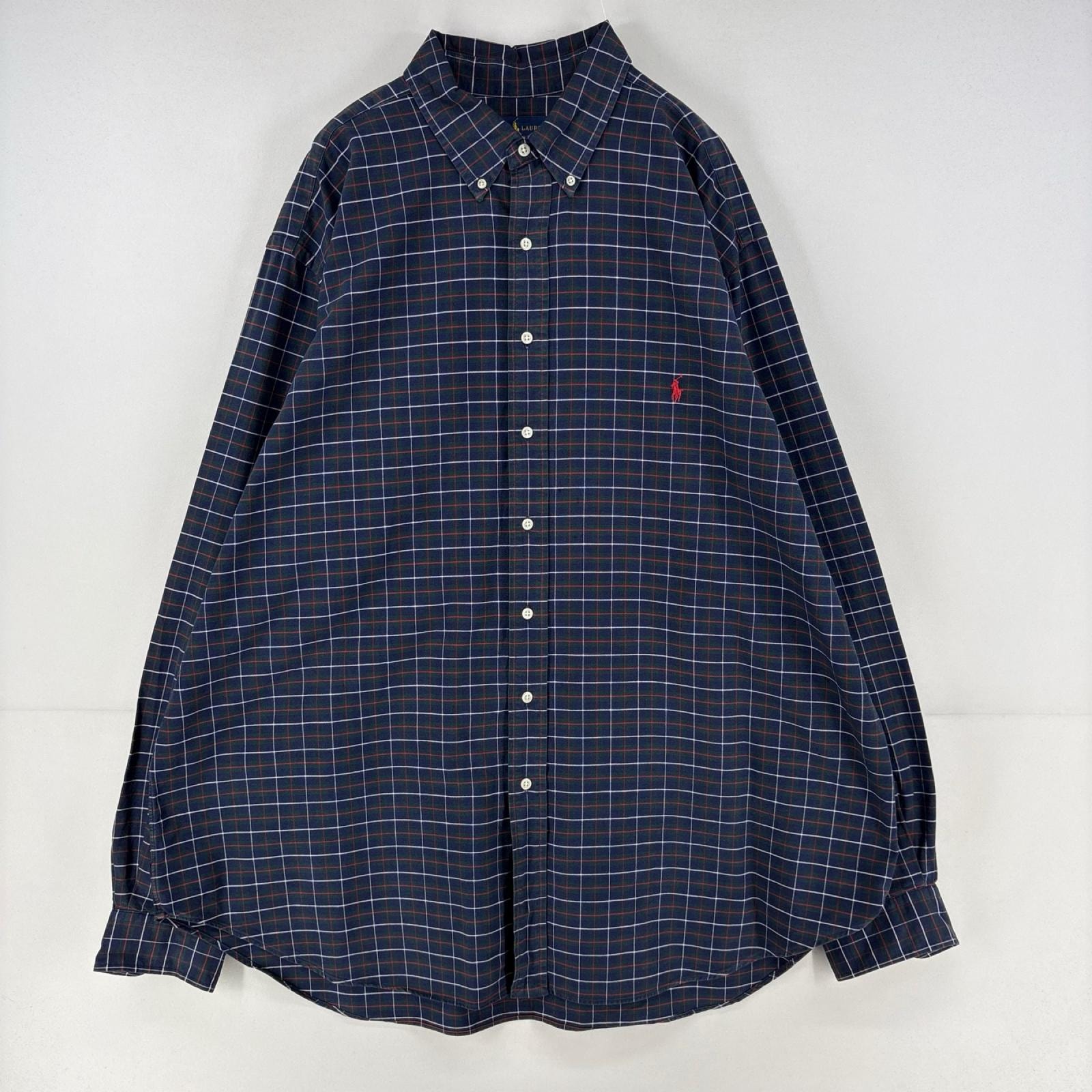 古着 ラルフローレン RALPH LAUREN 長袖シャツ ワンポイント 大きいサイズ ロゴ 刺繍 2XL ネイビー系 チェック メンズ