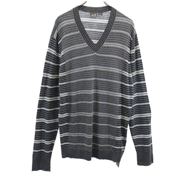 未使用 ARMANI EXCHANGE アルマーニエクスチェンジ ボーダー柄 長袖 Vネック ニット セーター XL グレー