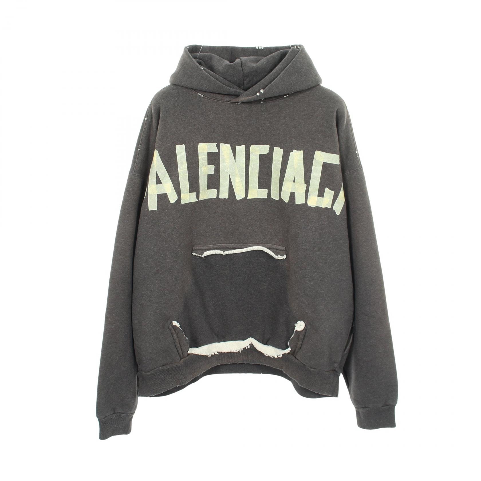 バレンシアガ BALENCIAGA TAPE TYPE RIPPED POCKET HOODIE ダメージ加工 パーカー 衣料品 トップス コットン メンズ レディース グレー系 744190 【中古】