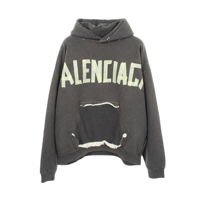 バレンシアガ BALENCIAGA TAPE TYPE RIPPED POCKET HOODIE ダメージ加工 パーカー 衣料品 トップス コットン メンズ レディース グレー系 744190 【中古】