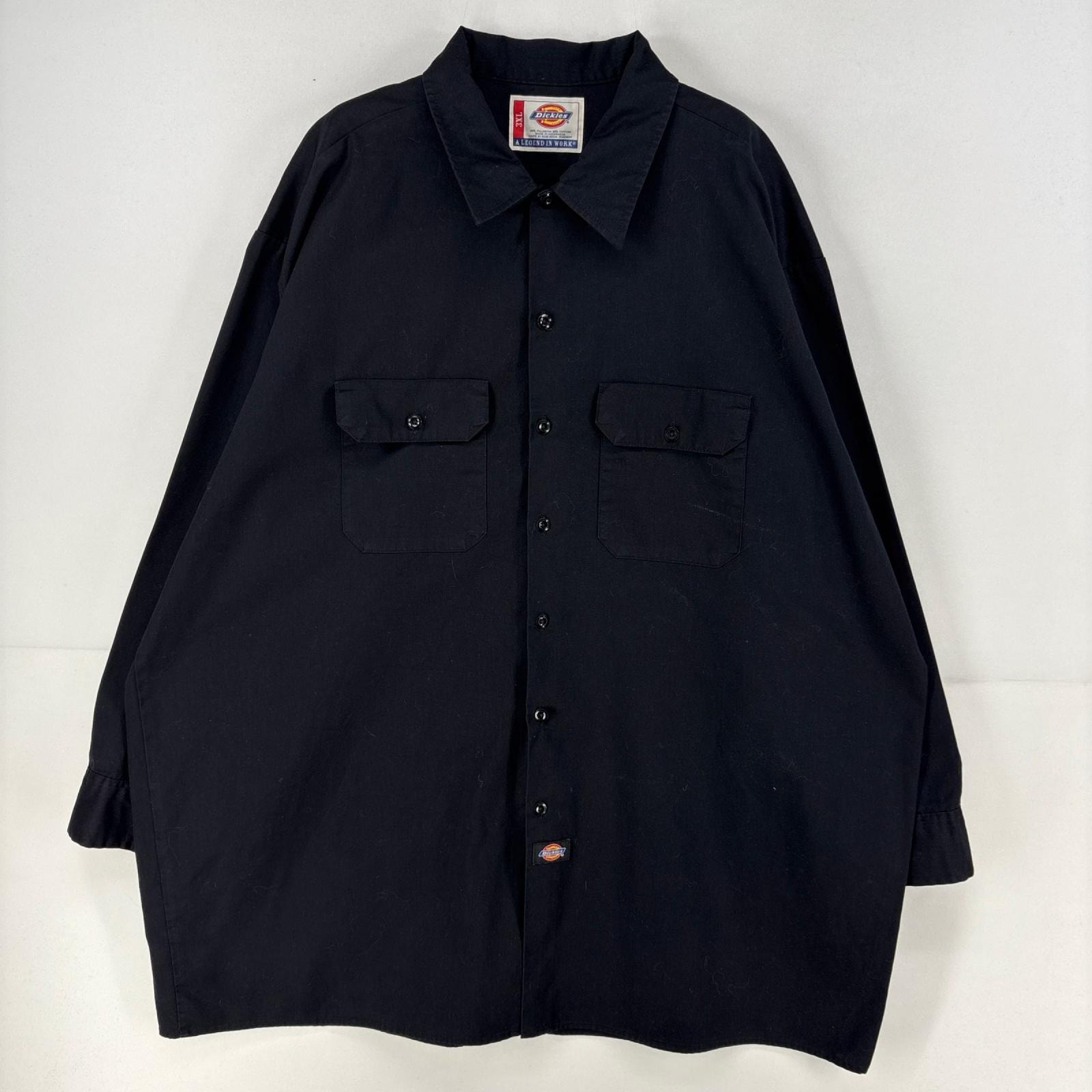 古着 ディッキーズ Dickies 長袖シャツ 大きいサイズ ワーク 作業着 ワンポイント 胸ポケット 3XL ブラック 無地 メンズ
