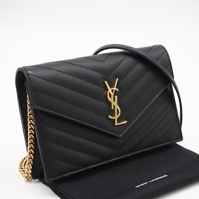 美品 SAINT LAURENT サンローラン グレインカーフ カサンドラ チェーンウォレット 393953 ショルダーバッグ ブラック グレインカーフレザー レディース