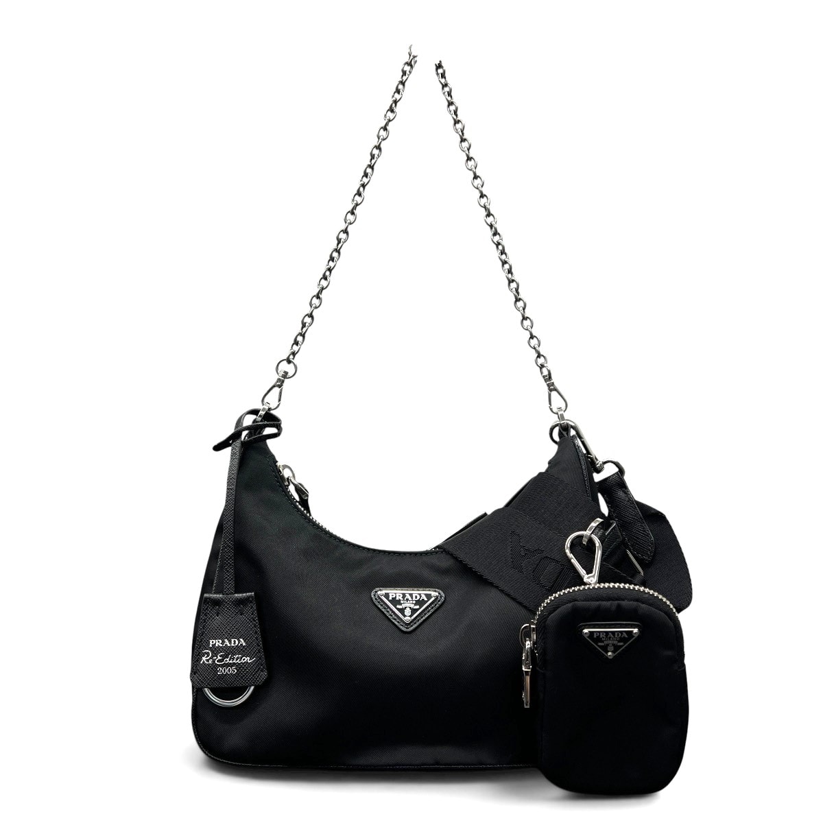 PRADA 極美品 プラダ Re-Edition 2005 リエディション RE-NYLON リナイロン 2way チェーン ショルダーバッグ 1BH204 RFID確認済 ナイロン レザー ブラック トライアングルロゴ 三角プレート Aランク 鑑定済 中古
