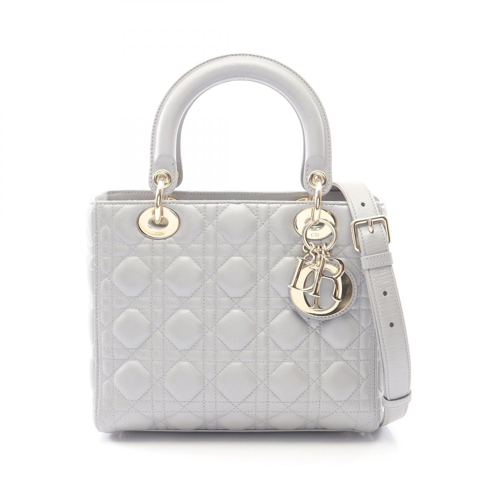 ディオール Dior LADY DIOR レディディオール カナージュ 2WAY ハンドバッグ バッグ レザー レディース グレー系 【中古】