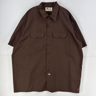 古着 ディッキーズ Dickies 半袖シャツ ワンポイント 胸ポケット ワーク 作業着 無地 大きいサイズ 3XL ブラウン メンズ