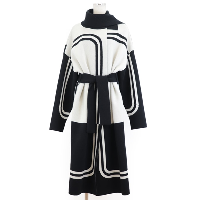 【美品】 エルメス ニット コート ガウン 2021AW BRIDES de GALA LONG COAT 式典用馬勒 カシミヤ100% コート レディース アイボリー ブラック 38 HERMES