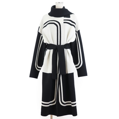 【美品】 エルメス ニット コート ガウン 2021AW BRIDES de GALA LONG COAT 式典用馬勒 カシミヤ100% コート レディース アイボリー ブラック 38 HERMES