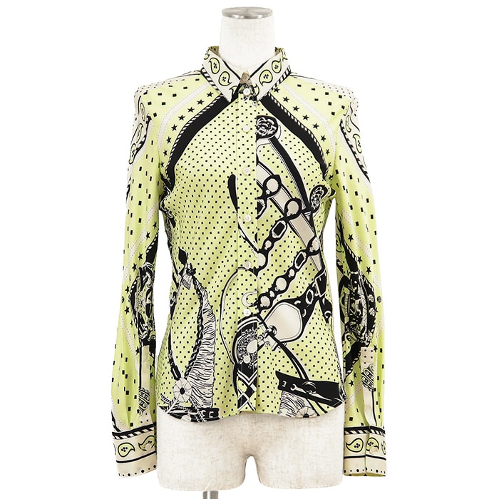 【美品】HERMES エルメス 長袖シャツ サイズ 36 レディース 2022AW シルク100% バンダナ柄 総柄 トップス ライトイエロー 黄 フランス製