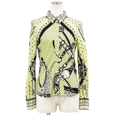 【美品】HERMES エルメス 長袖シャツ サイズ 36 レディース 2022AW シルク100% バンダナ柄 総柄 トップス ライトイエロー 黄 フランス製
