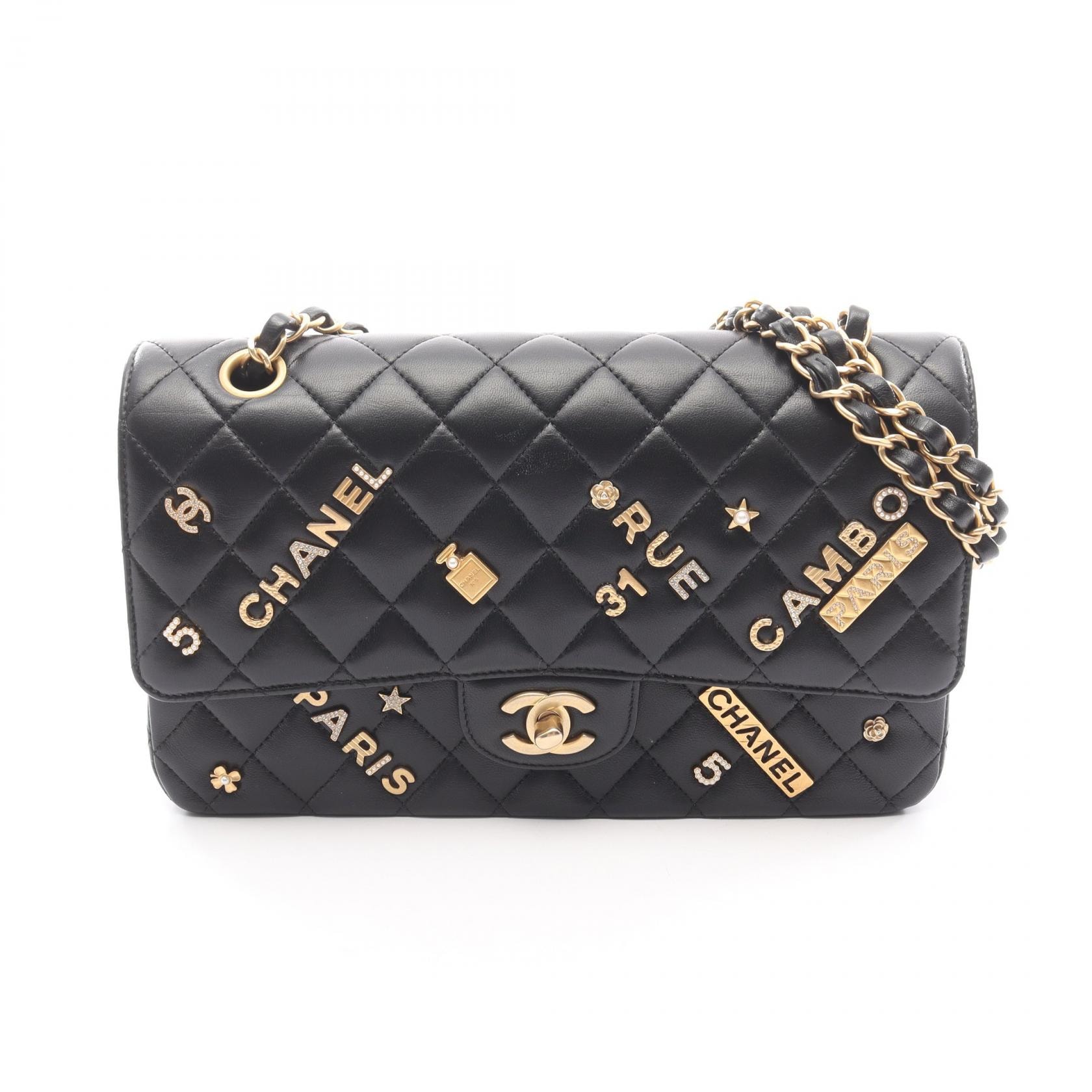 シャネル CHANEL マトラッセ Wフラップ ショルダーバッグ バッグ ラムスキン(羊革) レディース ブラック系 A01112 【中古】