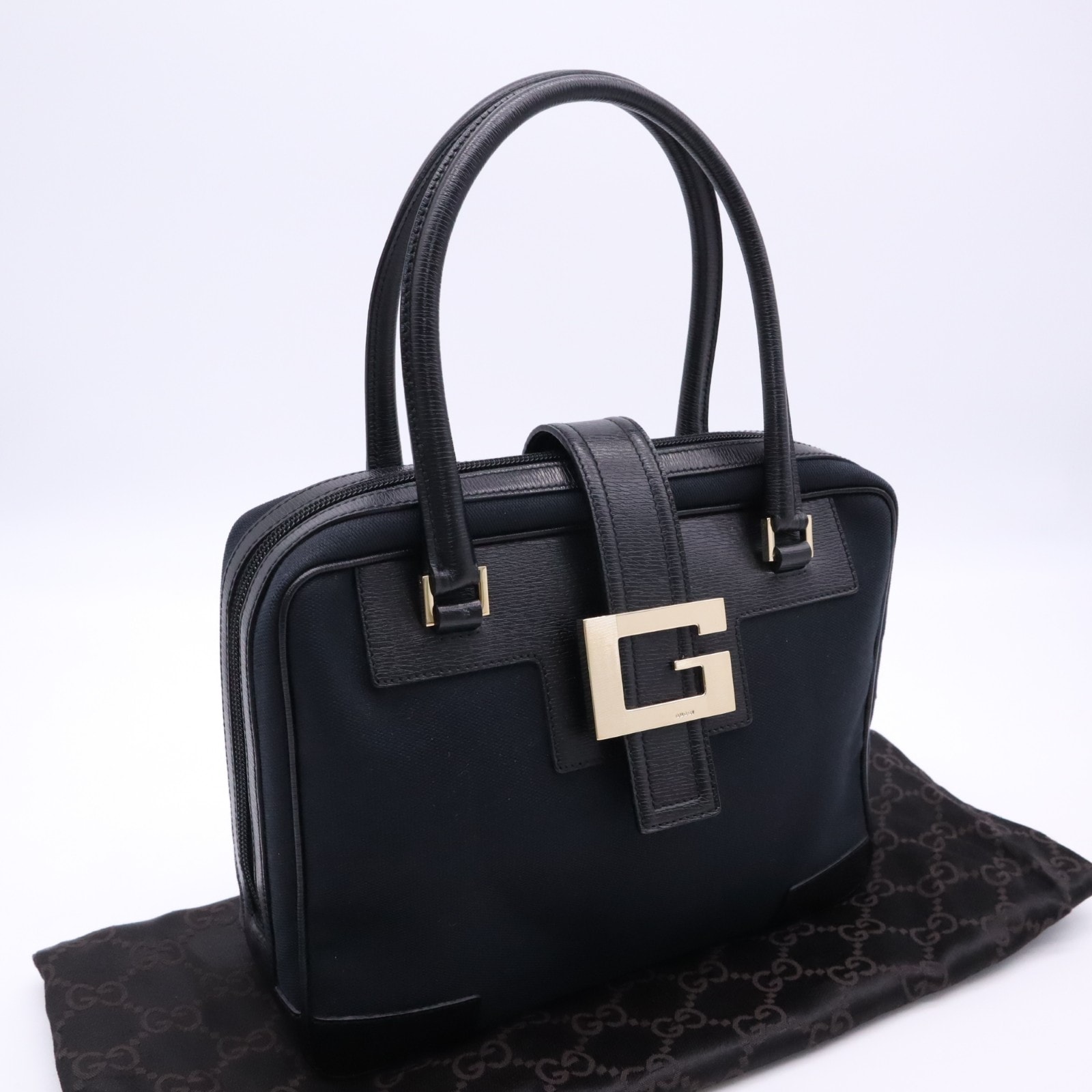 GUCCI グッチ キャンバス Gロゴ ハンドバッグ 001 5155 ハンドバッグ ブラック ネイビー キャンバス レザー レディース