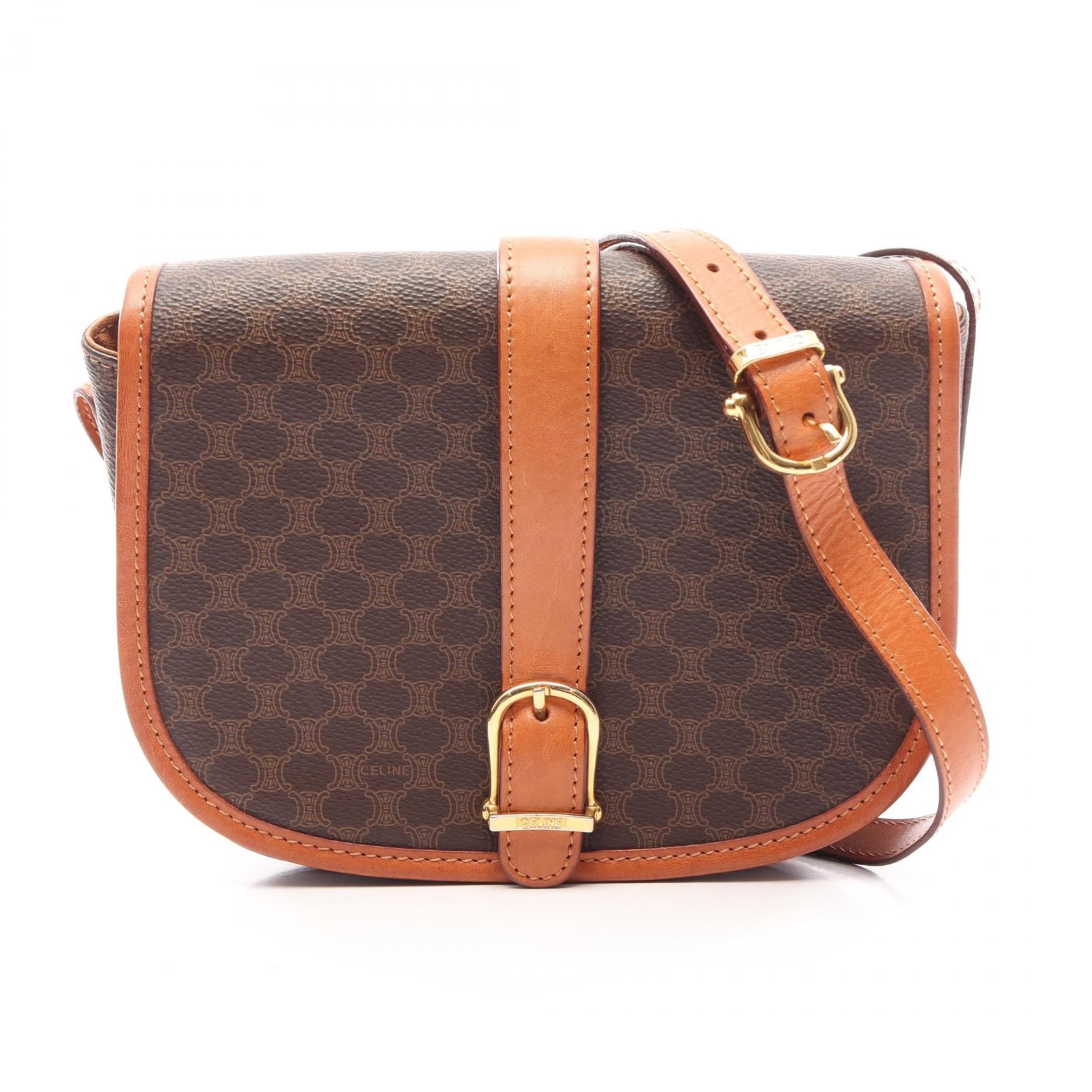 セリーヌ CELINE マカダム ショルダーバッグ バッグ PVCコーティングキャンバス レザー レディース ブラウン系 【中古】