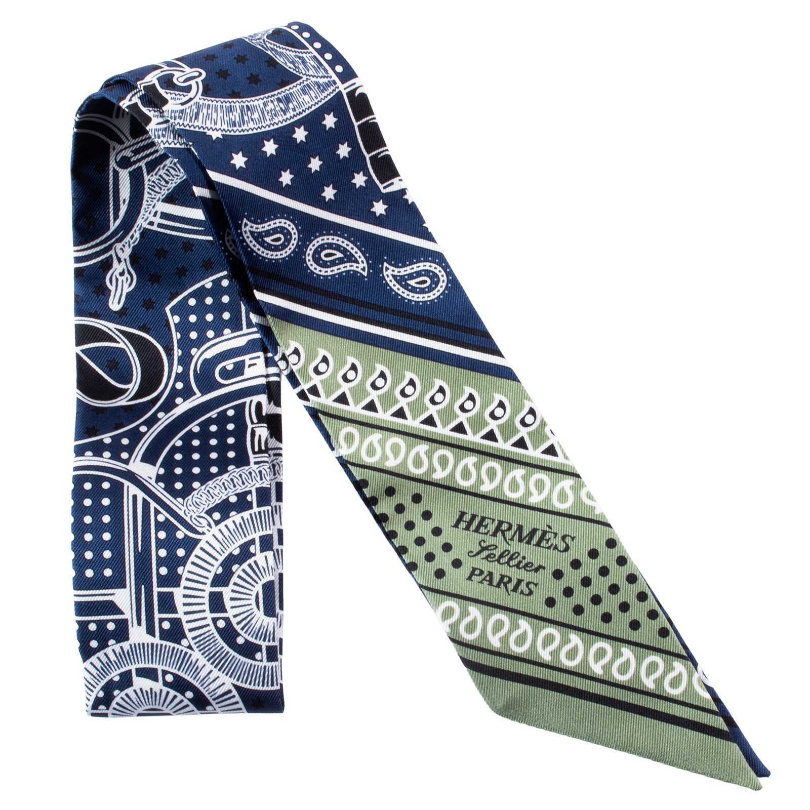 HERMES エルメス ツイリー Eperon d'Or Bandana エプロン ドール バンダナ 062978S 01 スカーフ 2024SS シルク ネイビー グリーン【中古】