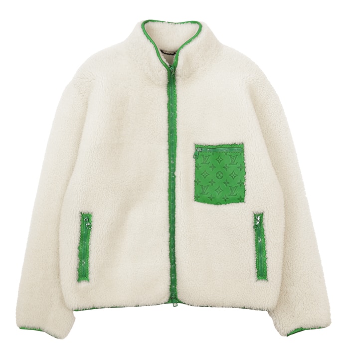LOUIS VUITTON ルイ・ヴィトン ジャケット サイズ 50 メンズ 2021年製 ボアジャケット LV モノグラム レザーパッチ アウター ホワイト グリーン 白 緑 イタリア製