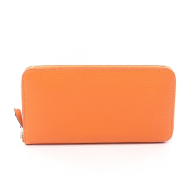 エルメス HERMES アザップロング シルクイン ラウンド長財布 財布 レザー シェーブル シェーブル フー □P刻印(2012年製造) レディース オレンジ系 【中古】