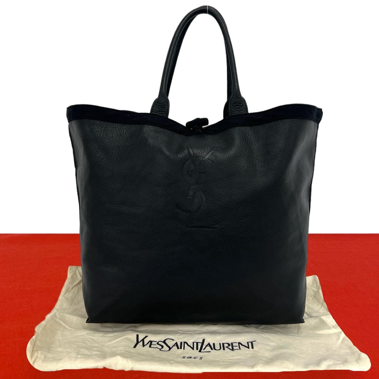 YVES SAINT LAURENT イヴ・サンローラン YSL ロゴ 刻印 レザー トートバッグ ブラック
 c50-5
