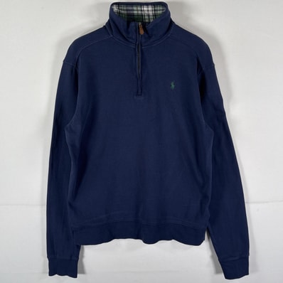 古着 ポロ・ラルフローレン POLO RALPH LAUREN ハーフジップトレーナー ロンT ワンポイントロゴ刺繍 ブロード XL 18ー20 ネイビー ボーイズ