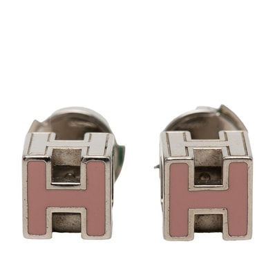 エルメス カージュドアッシュ Hキューブ ロゴ スタッドピアス シルバー ピンク メタル レディース HERMES 【中古】