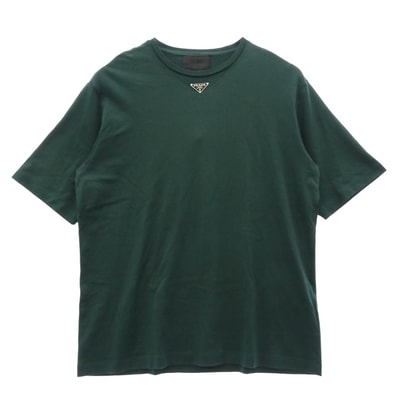 PRADA プラダ Tシャツ ujn861 三角ロゴプレート トライアングルロゴ オーバーサイズ クルーネック 半袖 Tシャツ カットソー グリーン系 XL【美品】【中古】