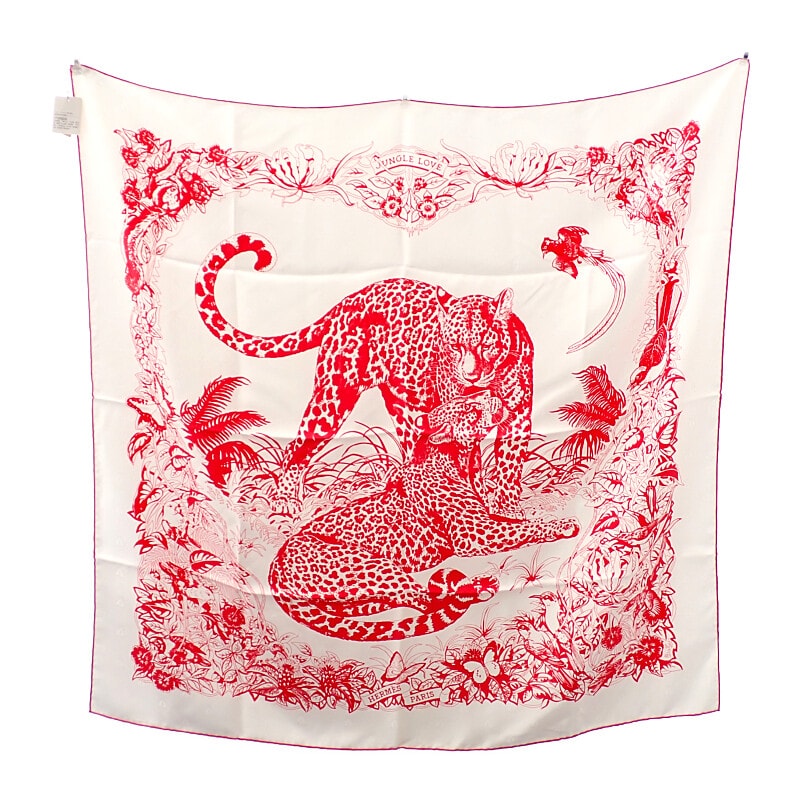 エルメス HERMES カレ90 JAUNGLE LOVE 171876SC08 スカーフ シルク ホワイト ピンク レディース【中古】【SAランク】