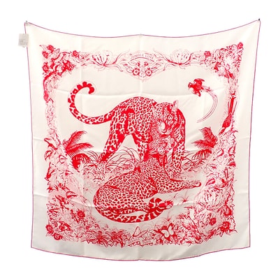 エルメス HERMES カレ90 JAUNGLE LOVE 171876SC08 スカーフ シルク ホワイト ピンク レディース【中古】【SAランク】