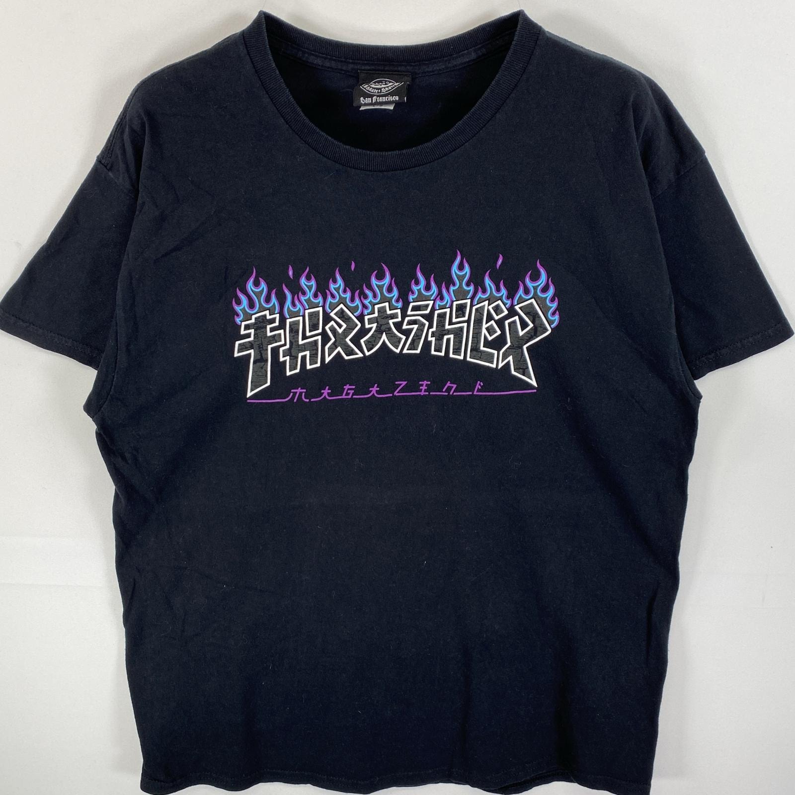 古着 スラッシャー THRASHER 半袖Tシャツ ラバープリント ファイヤーパターン ゴジラ L  ブラック メンズ