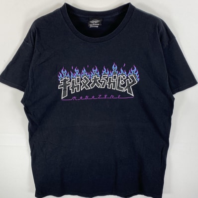 古着 スラッシャー THRASHER 半袖Tシャツ ラバープリント ファイヤーパターン ゴジラ L ブラック メンズ
