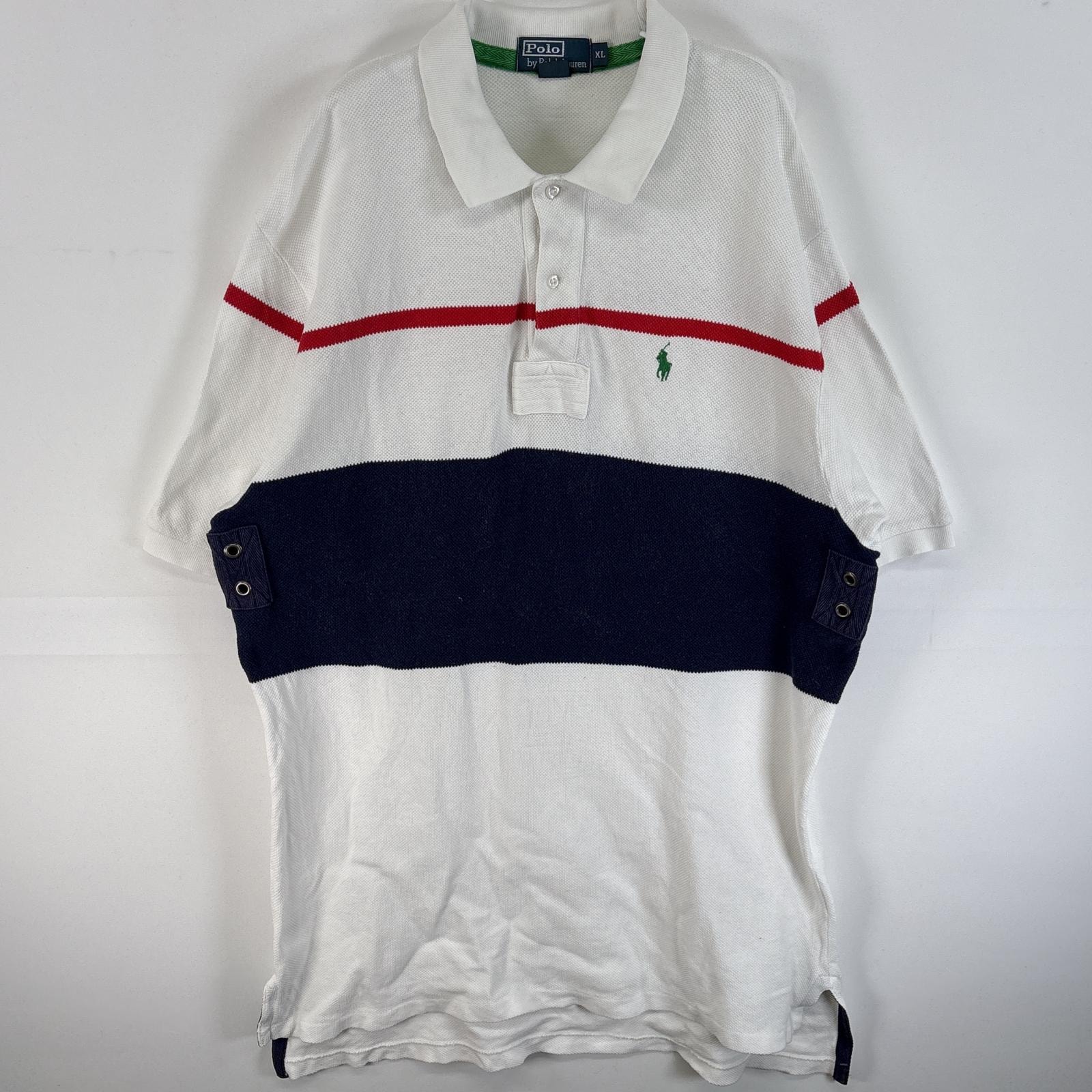 古着 90's/90年代 ポロバイラルフローレン Polo by Ralph Lauren 鹿の子 半袖 ポロシャツ ワンポイント ロゴ 刺繍 大きいサイズ ラガーシャツ XL  ホワイト系 マルチカラー メンズ
