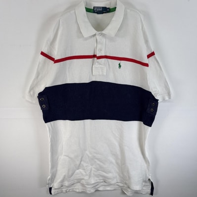 古着 90's/90年代 ポロバイラルフローレン Polo by Ralph Lauren 鹿の子 半袖 ポロシャツ ワンポイント ロゴ 刺繍 大きいサイズ ラガーシャツ XL ホワイト系 マルチカラー メンズ