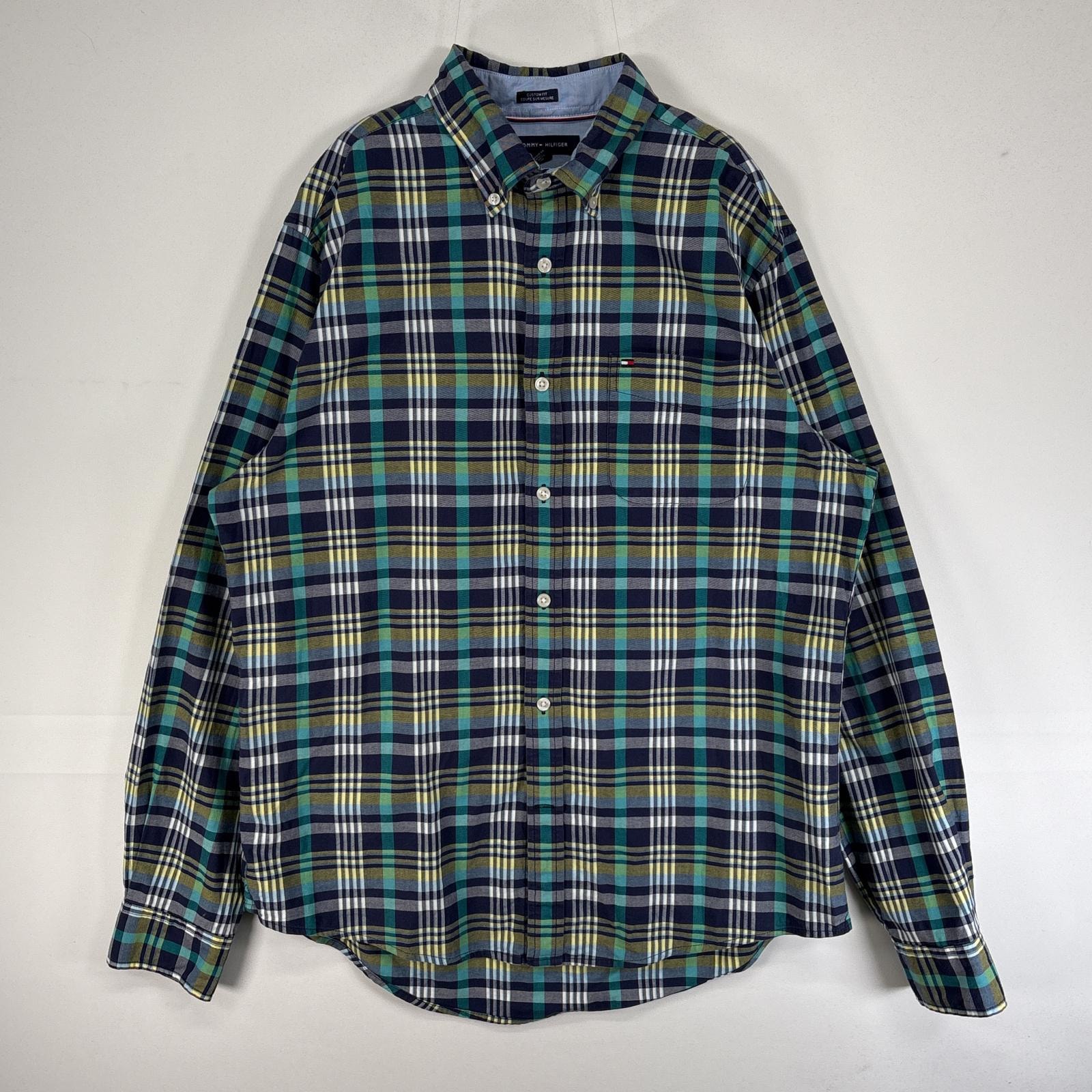 古着 トミーヒルフィガー TOMMY HILFIGER 長袖シャツ チェック ボタンダウン 胸ポケ ロゴ 刺繍 M  ネイビー マルチカラー メンズ
