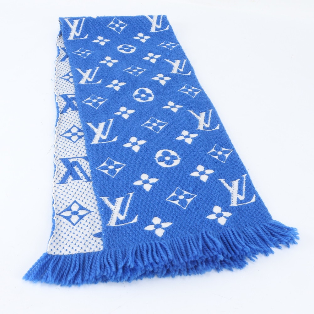 ■美品 ルイヴィトン エシャルプ ロゴマニア シルク モノグラム ブルー