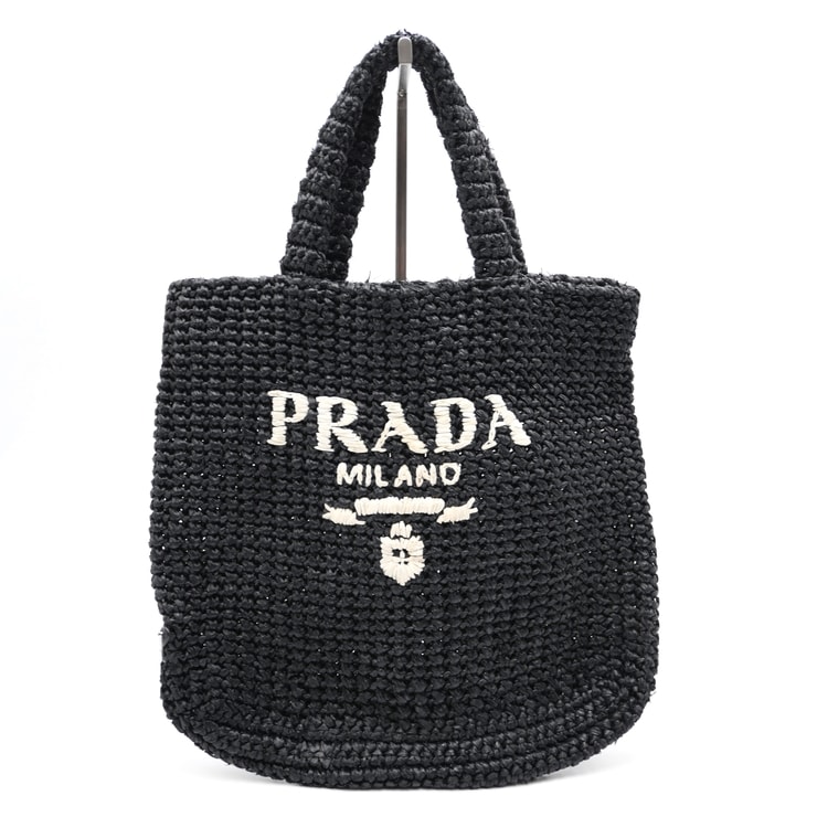 PRADA(プラダ)スモール クロシェ トートバッグ ブラック ラフィア ロゴ刺繍 ハンドバッグ レディース【中古】