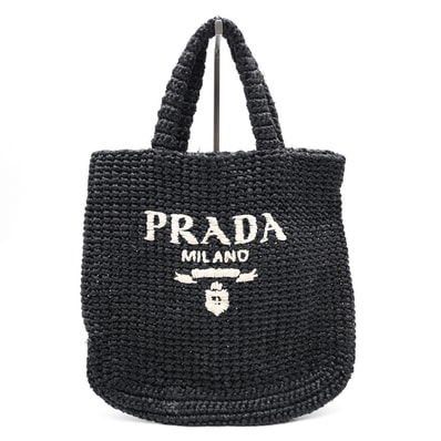 PRADA(プラダ)スモール クロシェ トートバッグ ブラック ラフィア ロゴ刺繍 ハンドバッグ レディース【中古】